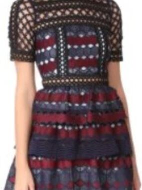 Self-Portrait Navy and Burgundy Lace Midi Dress